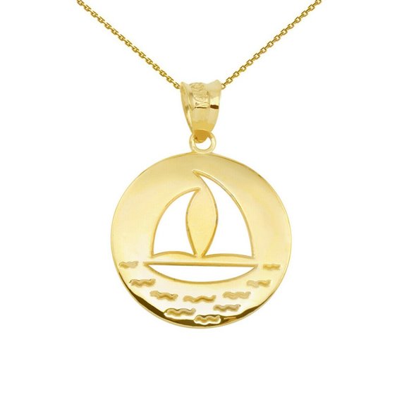 10k Solid Gold Nautical Ocean Waves Sailboat Silhouette Pendant Charm